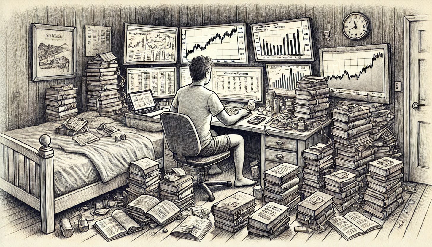 A pencil sketch cartoon of an investor working hard at a desk in a messy bedroom setting, now in landscape format. The investor is casually dressed in a t-shirt and jeans, surrounded by books stacked haphazardly on the desk and floor. Multiple screens on the desk and wall show stock charts and financial graphs, creating a busy and analytical atmosphere. Papers, notebooks, and a laptop are scattered around. The bed in the background is unmade, adding to the casual and lived-in feel. A small lamp illuminates the workspace, emphasizing a focused and determined environment with a mix of data and personal clutter.