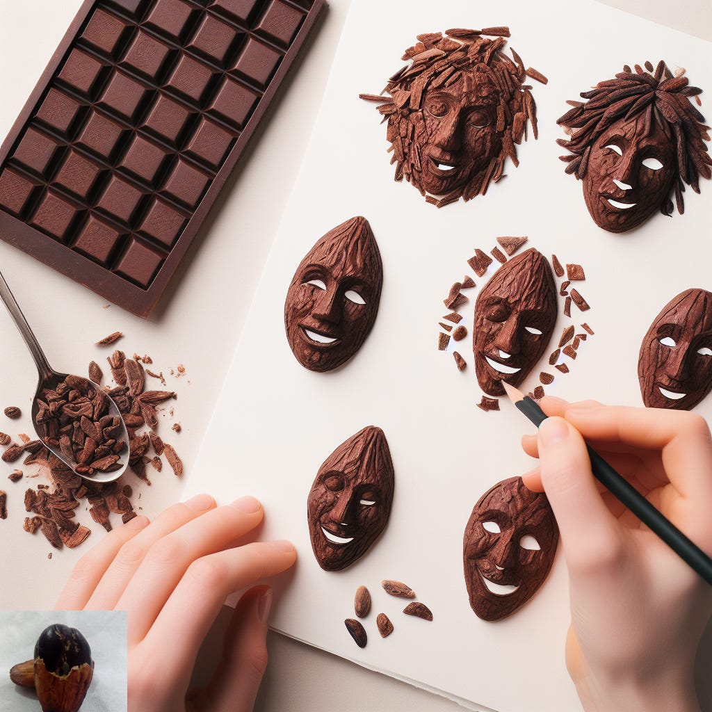 An artist's hand carefully crafting intricate masks from chocolate pieces. A completed bar of chocolate and cocoa beans lie beside a paper, which features five chocolate masks, each with a unique facial expression and hairstyle, showcasing the creative use of chocolate as an artistic medium