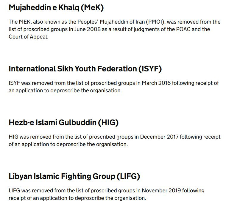 A list of organisations which have been deproscribed.