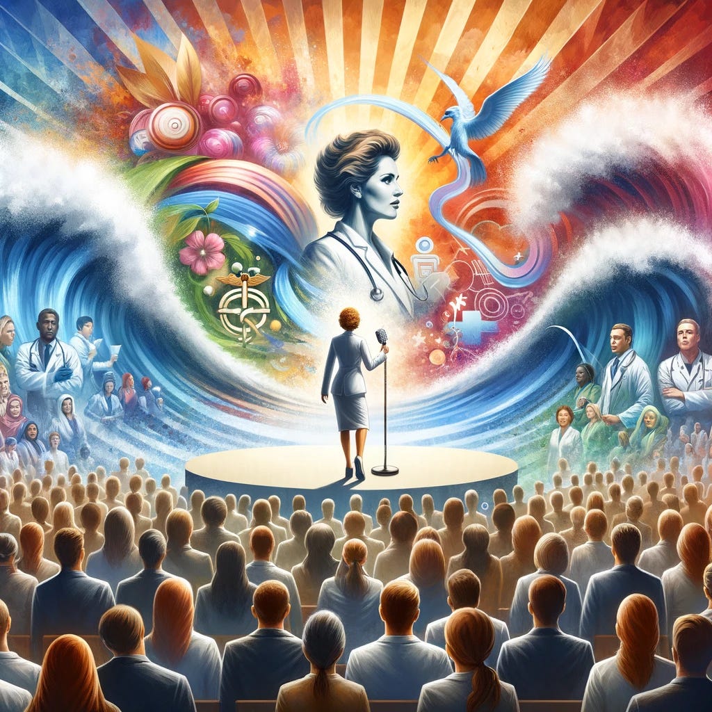 A famous woman stands confidently at the forefront of a large, diverse crowd, symbolizing leadership and inspiration in the health sector. Behind her, a monumental wave, representing a significant health issue, is being transformed into a beacon of hope. This transformation is depicted through vivid colors and dynamic shapes, conveying a sense of progress and recovery. The woman, an emblem of change, is not directly recognizable as any specific individual, ensuring a universal appeal. She holds a microphone, indicating she's addressing the crowd and the world, advocating for awareness and actionable solutions to this pressing health challenge. The background brims with symbols of health, recovery, such as medical icons and elements representing a healthy lifestyle, illustrating the narrative of overcoming adversity through collective effort and enlightened leadership.