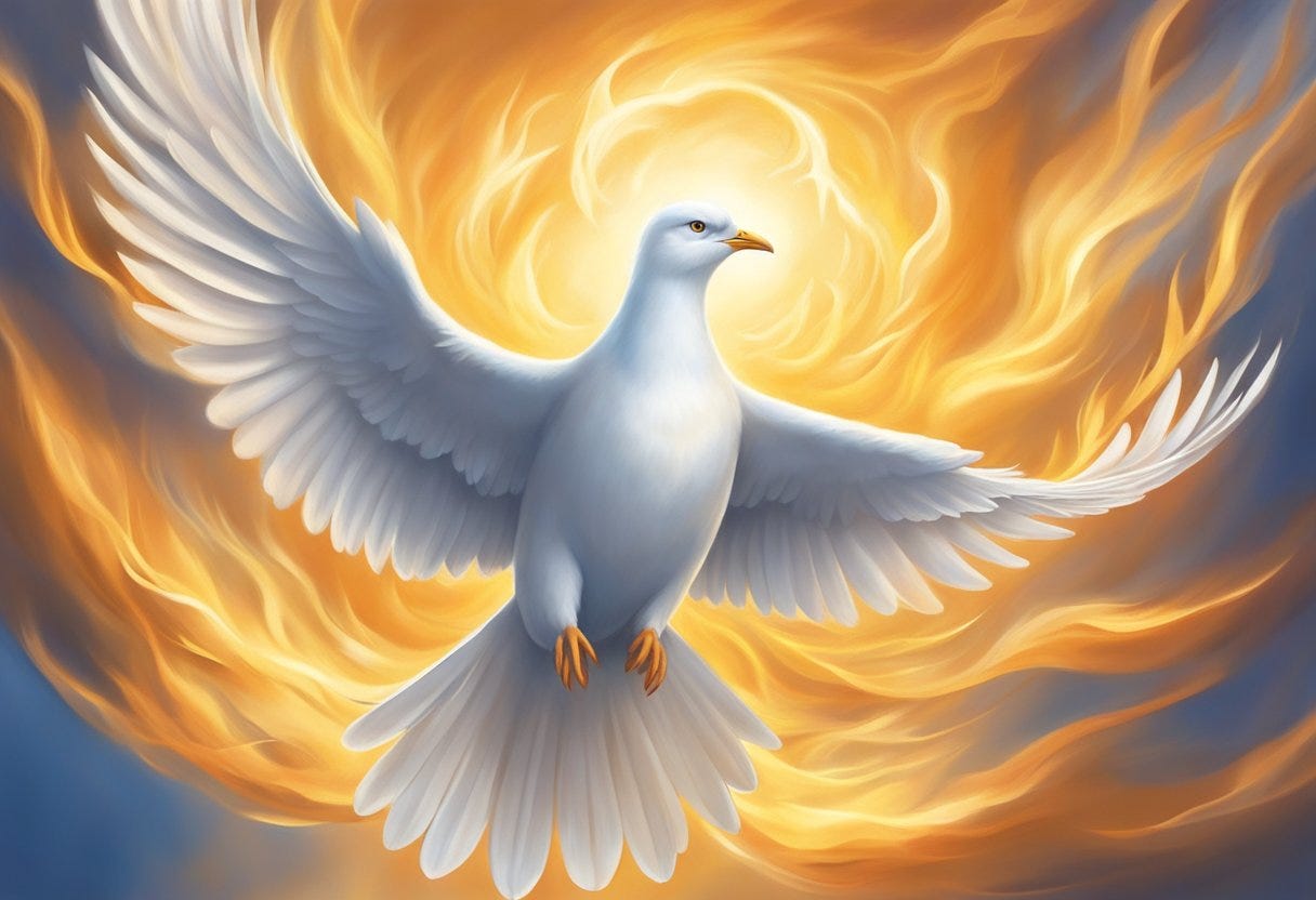 The Holy Spirit descends like a dove, surrounded by seven flames, symbolizing the gifts of wisdom, understanding, counsel, fortitude, knowledge, piety, and fear of the Lord