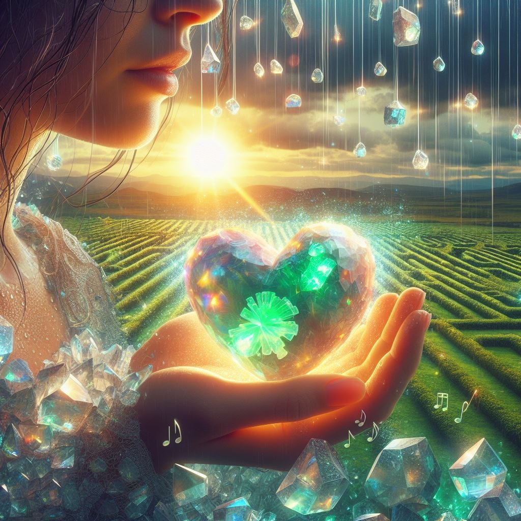 Hyper realistic; Close up woman holding Luminous Opalescent Heart /Ammolite Heart. There is a border of transluscent light around the heart. The background is land art in the shape of green gemstone  music notes. The sky is made of see through layers of crystal which crack in the foreground and fill the air. The sun is a chunk of broken off fools gold with a Gemmy Green Vivianite Specimen stuck into the center. It rains prisms of light on stringEthereal