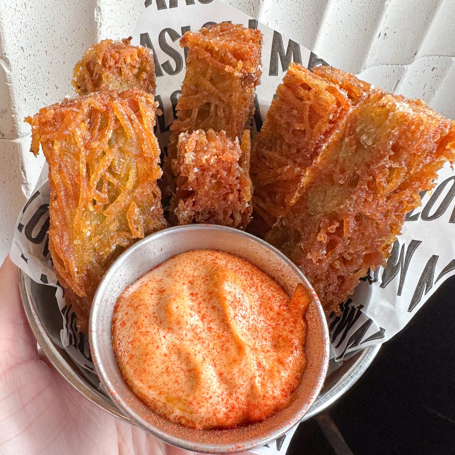 Darphin potatoes with chili mayo at Maslow vegetarian restaurant in Paris