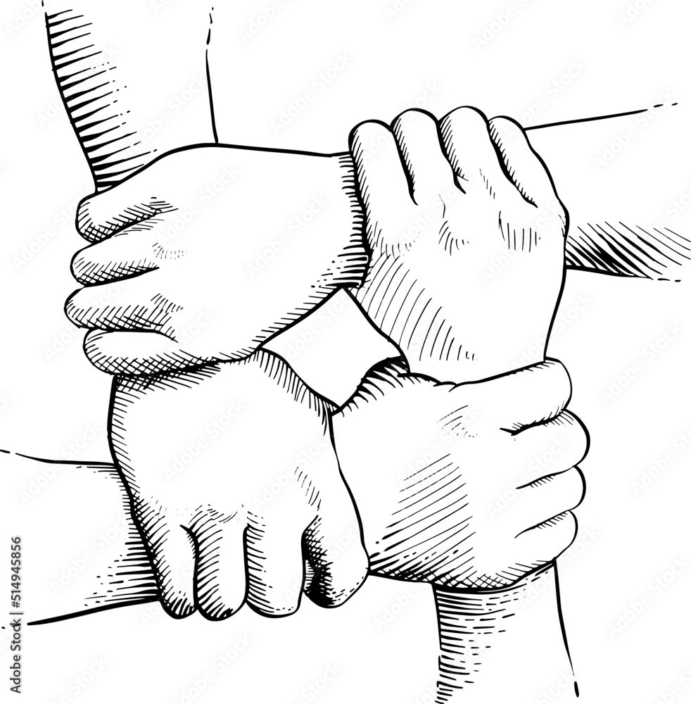 Black and white vector illustration of four hands holding each other on the  wrist. Concept teamwork, cooperation, unity. Stock Vector | Adobe Stock