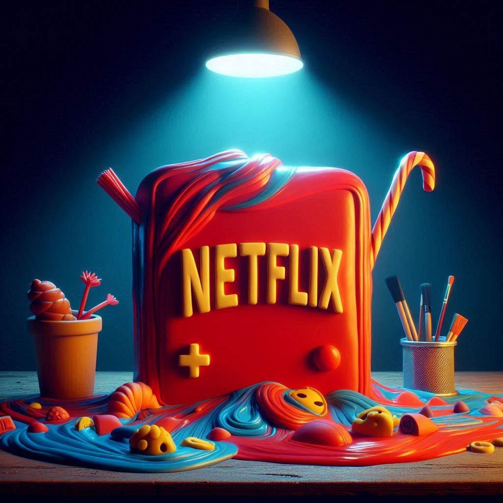 Netflix - In claymation - Using bright colours - Smooth Image - with 3d Effects with light projecting from the top in a dark room