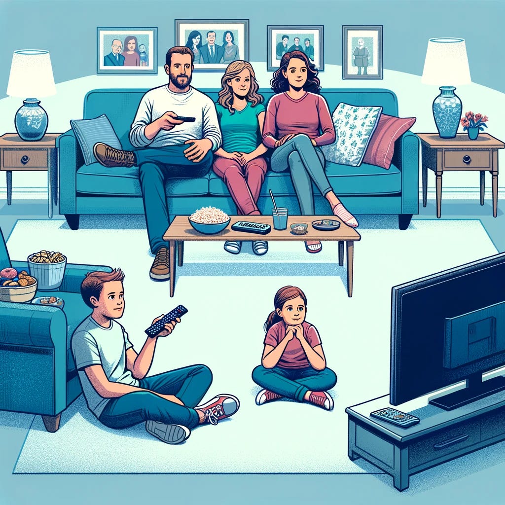 A digital illustration of a typical American family sitting on a couch watching TV. The family includes a father, a mother, a teenage son, and a young daughter. The father and mother are sitting comfortably at either end of the couch, with the father holding a remote. The teenage son is lounging with his feet up, engaged in the show, and the young daughter is sitting cross-legged, watching with excitement. They are in a cozy living room, with a large TV in front of them, a coffee table with snacks, and family photos on the walls, creating a warm and relatable scene.