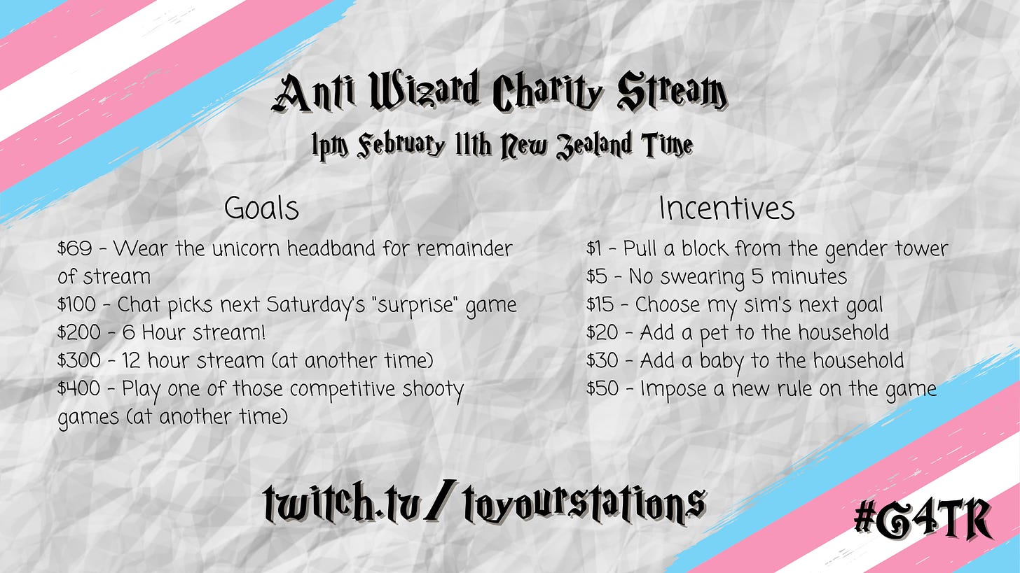 the same style graphic, this time detailing the goals and incentives for the stream. Goals: $69, wear the unicorn headband for remainder of stream $100, Chat picks next saturday's "surprise" game $200, 6 hour stream $300, 12 hour stream (at another time) $400, play one of those competitive shooty games (at another time) Incentives: $1 pull a block from the gender tower $5 No swearing for 5 minutes  $15 Choose my Sim's next goal $20 Add a pet to the household $30 Add a baby to the household $50 Impose a new rule on the game  twitch dot tv slash ToYourStations