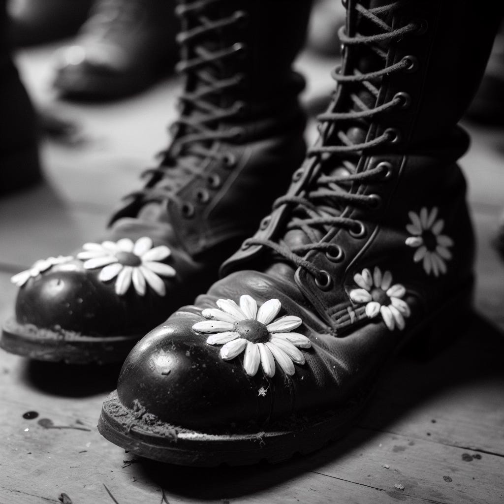 combat boots with daisies painted on them. This is for the chapter Daisy Combat Boots on Theda's Time Machine