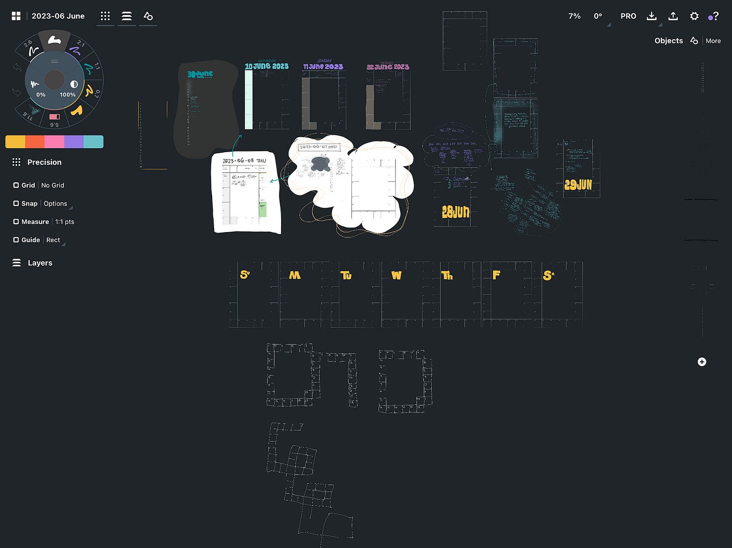 Screenshot of the Concepts app, showing a zoomed out view of handwriting and various grids and shapes on a dark background