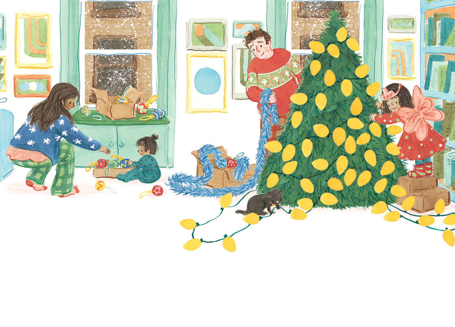 family hang lights on a Christmas tree in their small apartment. Mother and baby sort baubles, father and young daughter hang lights. Watercolour illustration by Nanette Regan