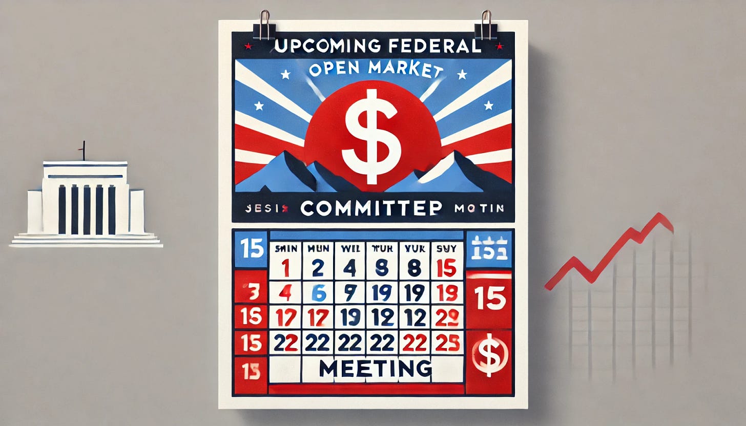 A minimalist landscape graphic using red, white, and blue to represent the 'Upcoming Federal Open Market Committee Meeting.' The design is simplified, featuring a calendar and a dollar sign to symbolize the economic focus, with the title as the only text. The style is clean and patriotic, emphasizing simplicity.