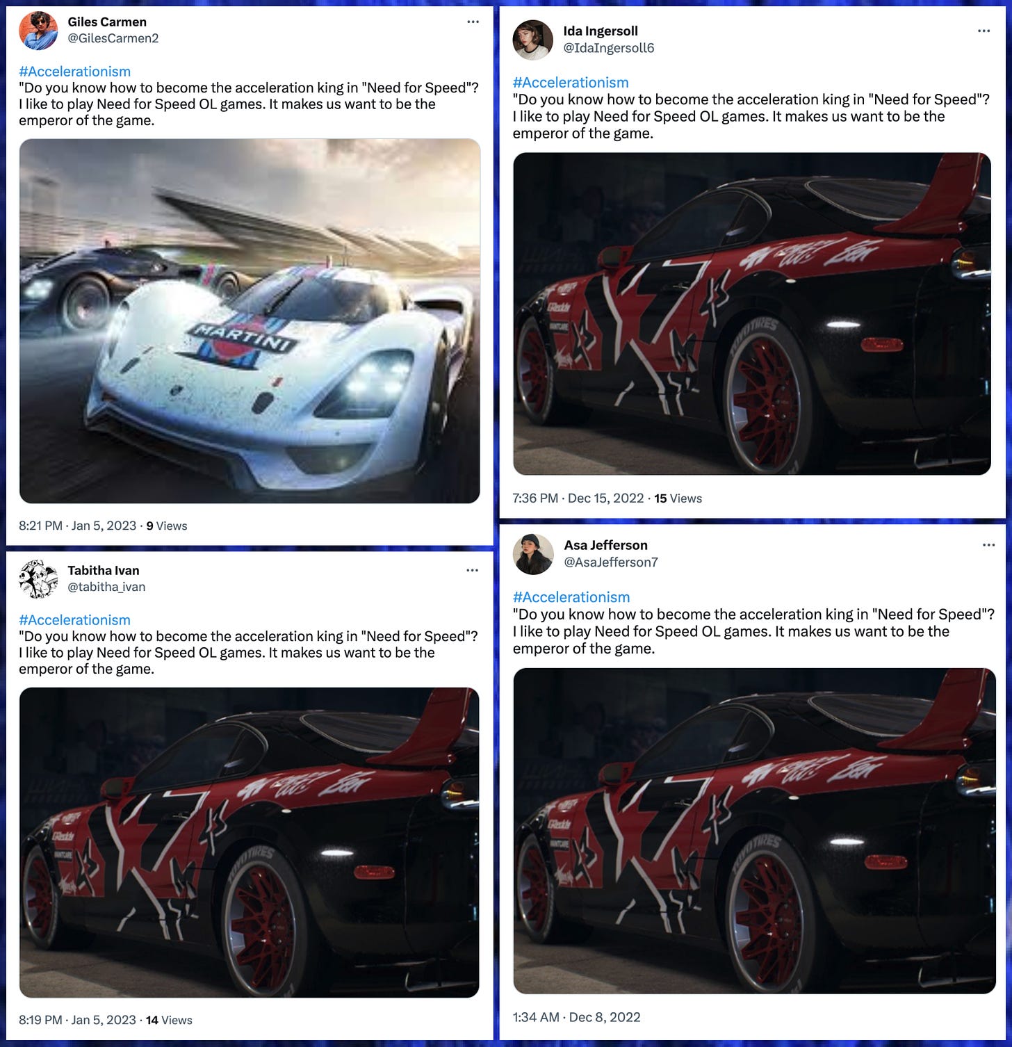 collage of #Accelerationism tweets containing "Need for Speed" screenshots