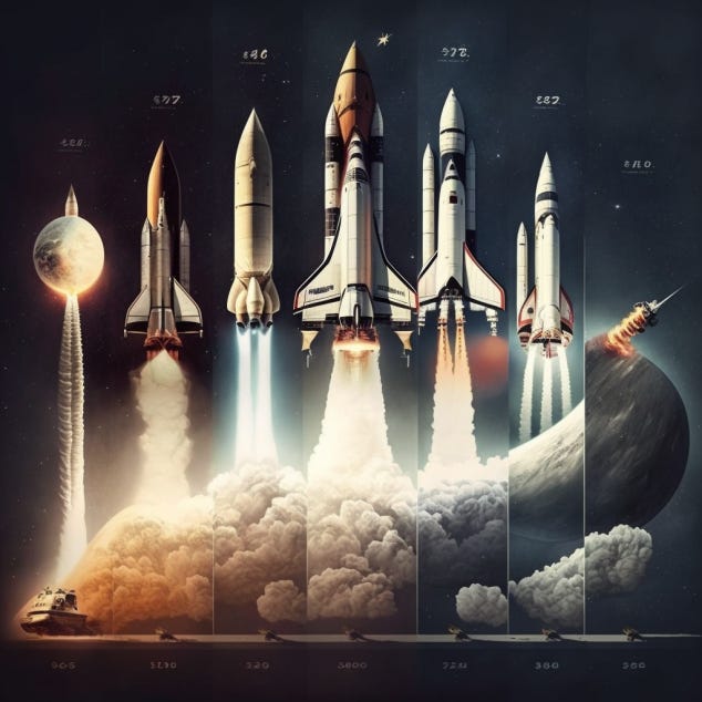 An AI image of various imagined rocket ships launching. All following images are of individual rockets in flight.