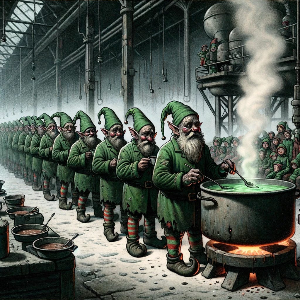 Destitute elves in green tunics lining up for gruel