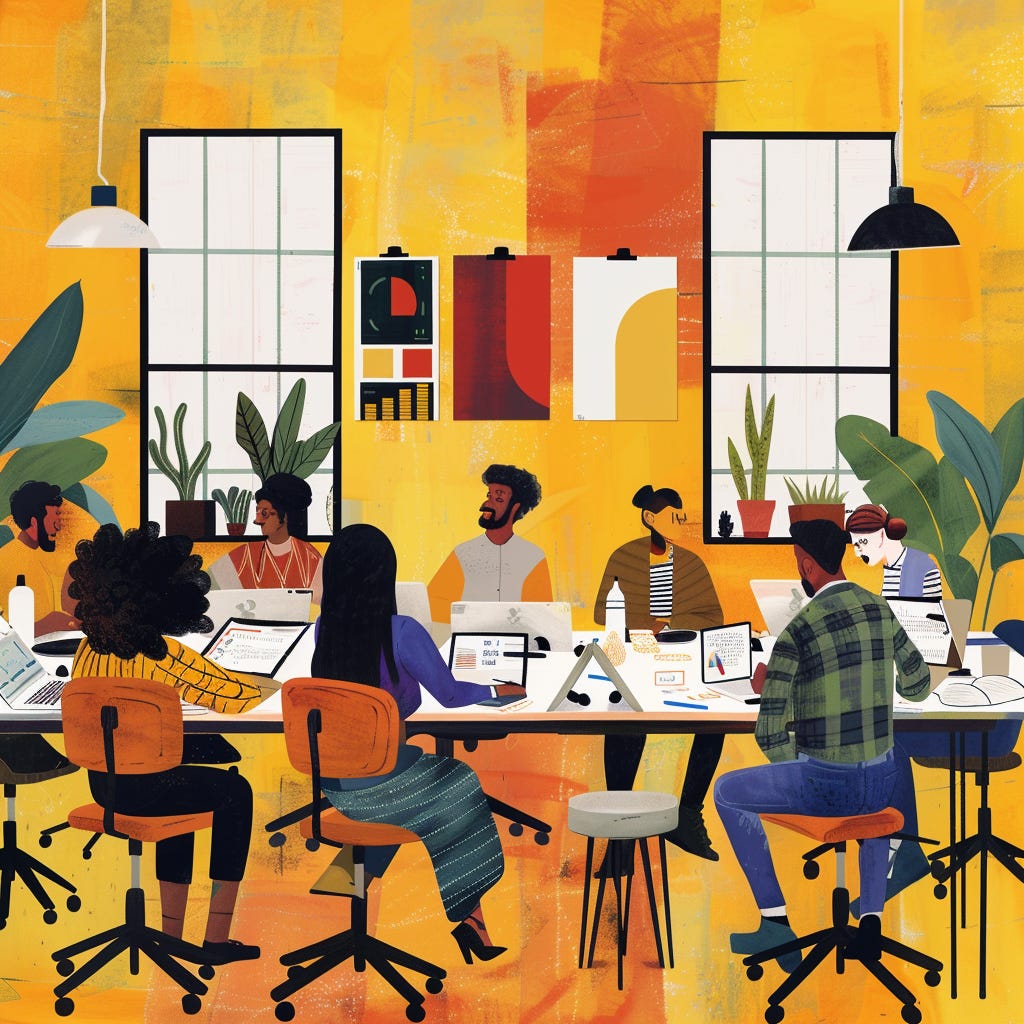 An illustration of a diverse group of employees in a modern open-office setting, engaged in a collaborative meeting, with visible elements of inclusivity such as varied seating arrangements and communication tools. 