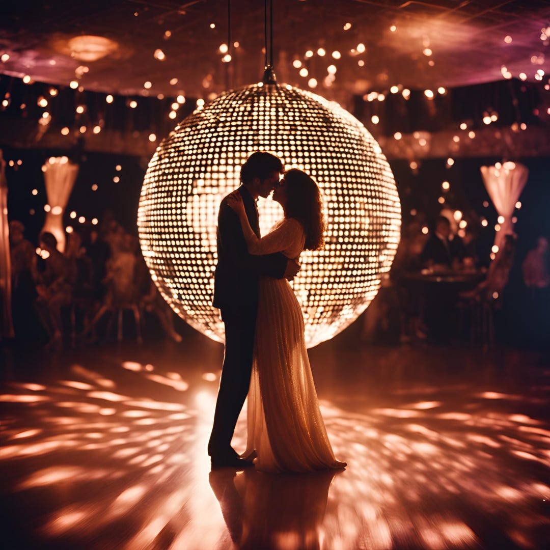 Couple slow dancing with a disco ball background