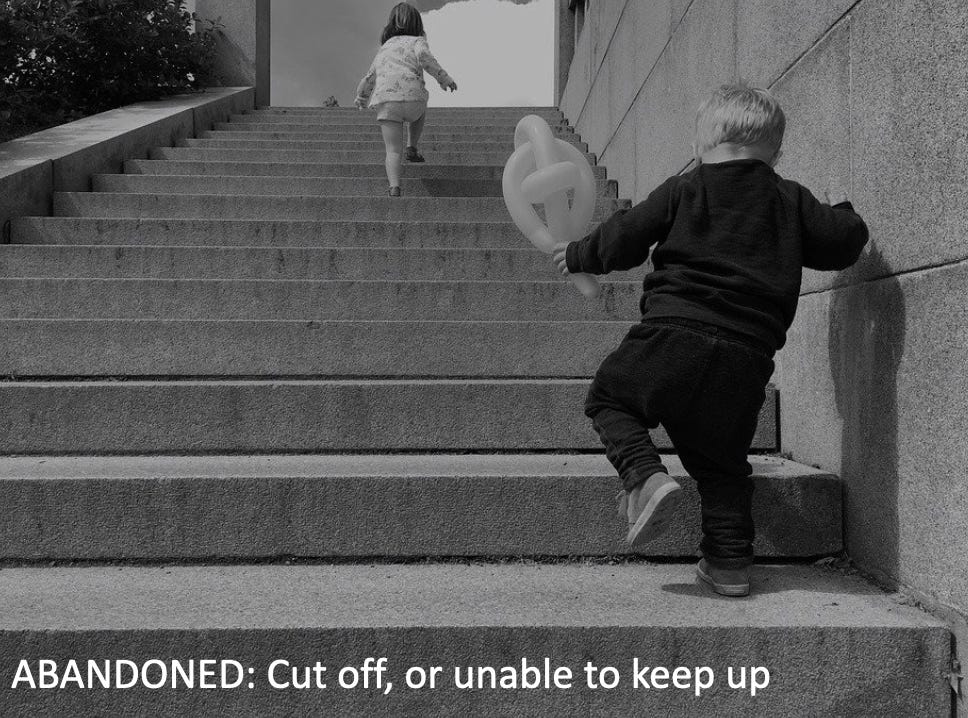 Image of an outdoor staircase with a small girl nearly at the top, and a small boy just starting to climb at the bottom with a balloon in his left hand. Text in white “ABANDONED: Cut off, or unable to keep up.”
