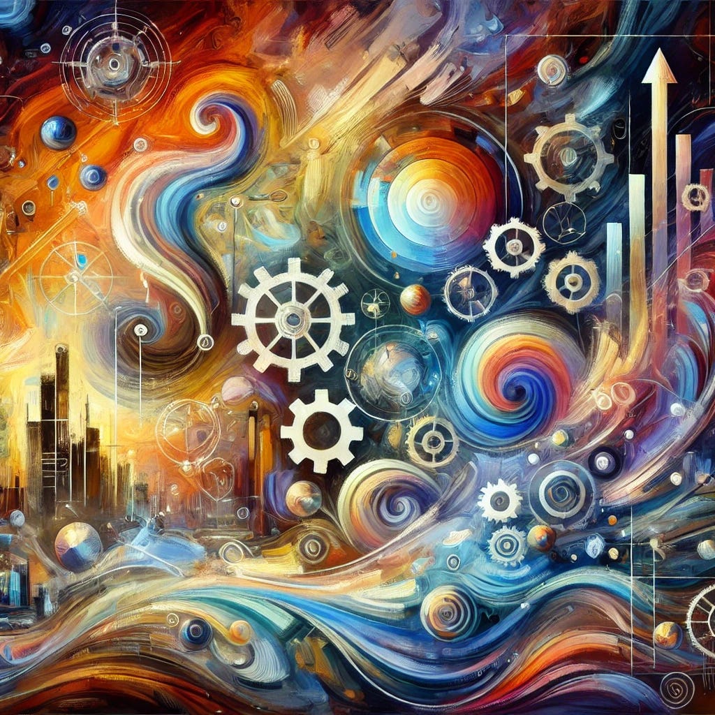 A vibrant, abstract depiction of technological advancement and economic growth over time. Use swirling, dynamic brushstrokes and contrasting colors to represent the rise in productivity and the role of automation. Include symbolic elements like gears, robotic arms, and upward arrows to signify progress. Integrate softer, flowing shapes and gentle hues to show the reduction in working hours and the improved quality of life. Add a subtle, melancholic touch to indicate the growing inequality, using darker tones at the edges. The scene should evoke hope and positivity despite the challenges.