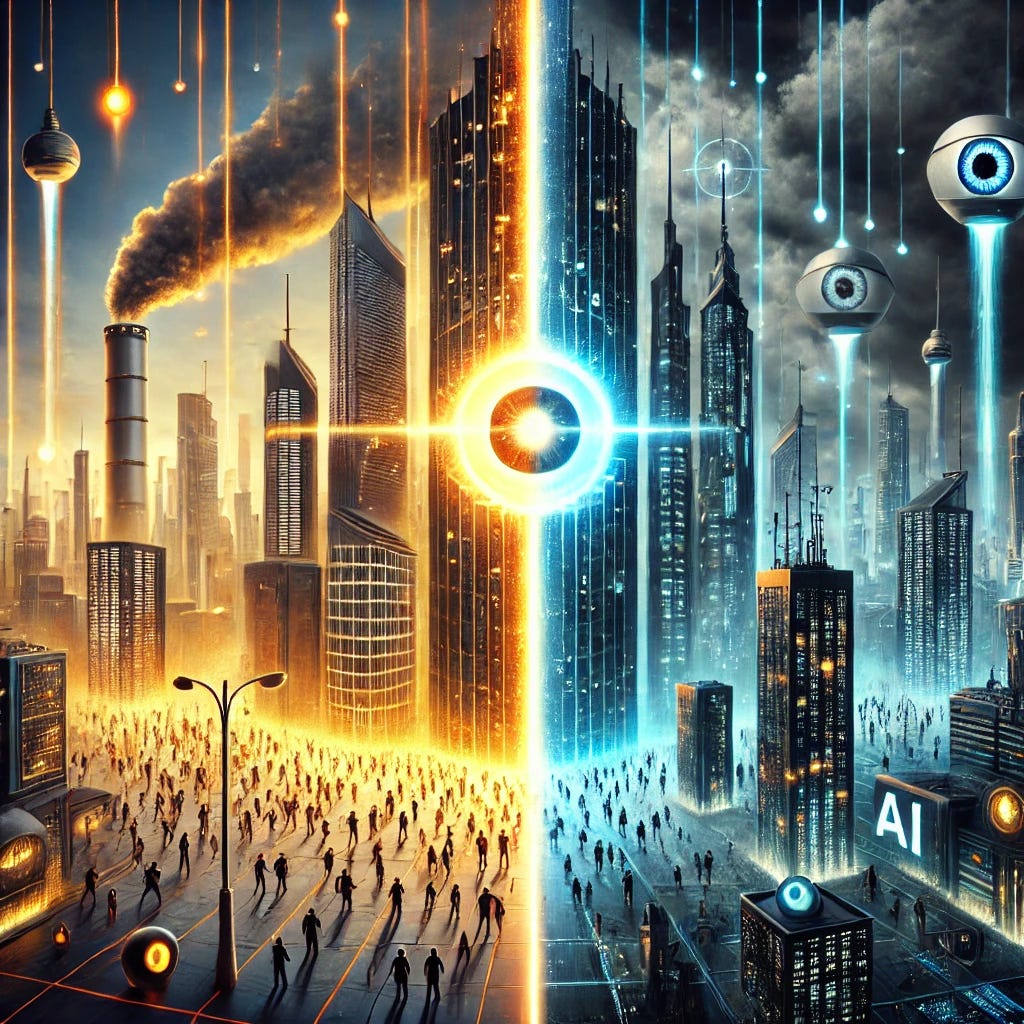 A symbolic depiction of democracy in the age of singularity. The image features a futuristic cityscape split into two halves. On one side, glowing, utopian skyscrapers represent advanced AI and transparency with people thriving in harmony under democratic ideals. On the other side, a shadowy, dystopian environment shows authoritarian control, with AI-powered surveillance towers, suppressed individuals, and dark storm clouds looming above. A glowing thread of balance runs through the center, symbolizing the fragile intersection of democracy and singularity. The contrast highlights both the potential and perils of the technological future.