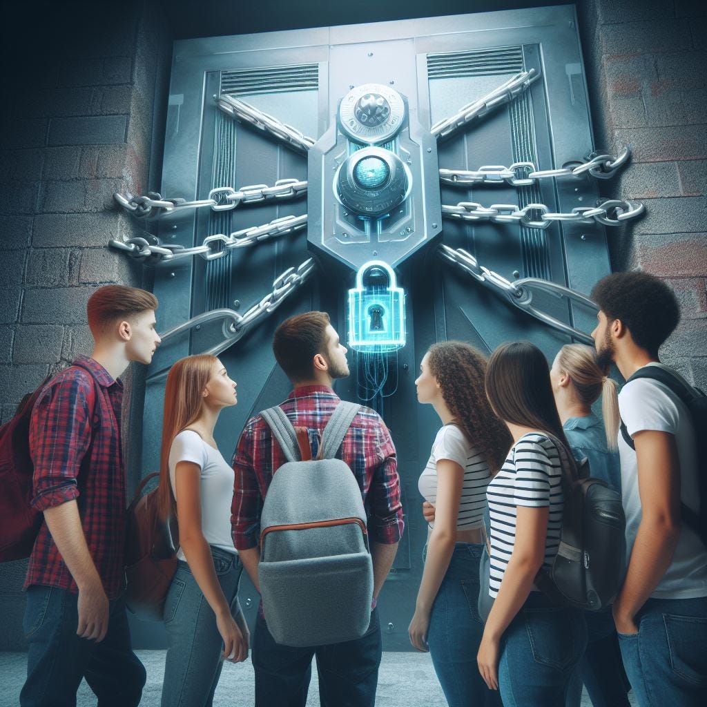 Adult students stand outside a build with a futuristic door that is chained and locked.