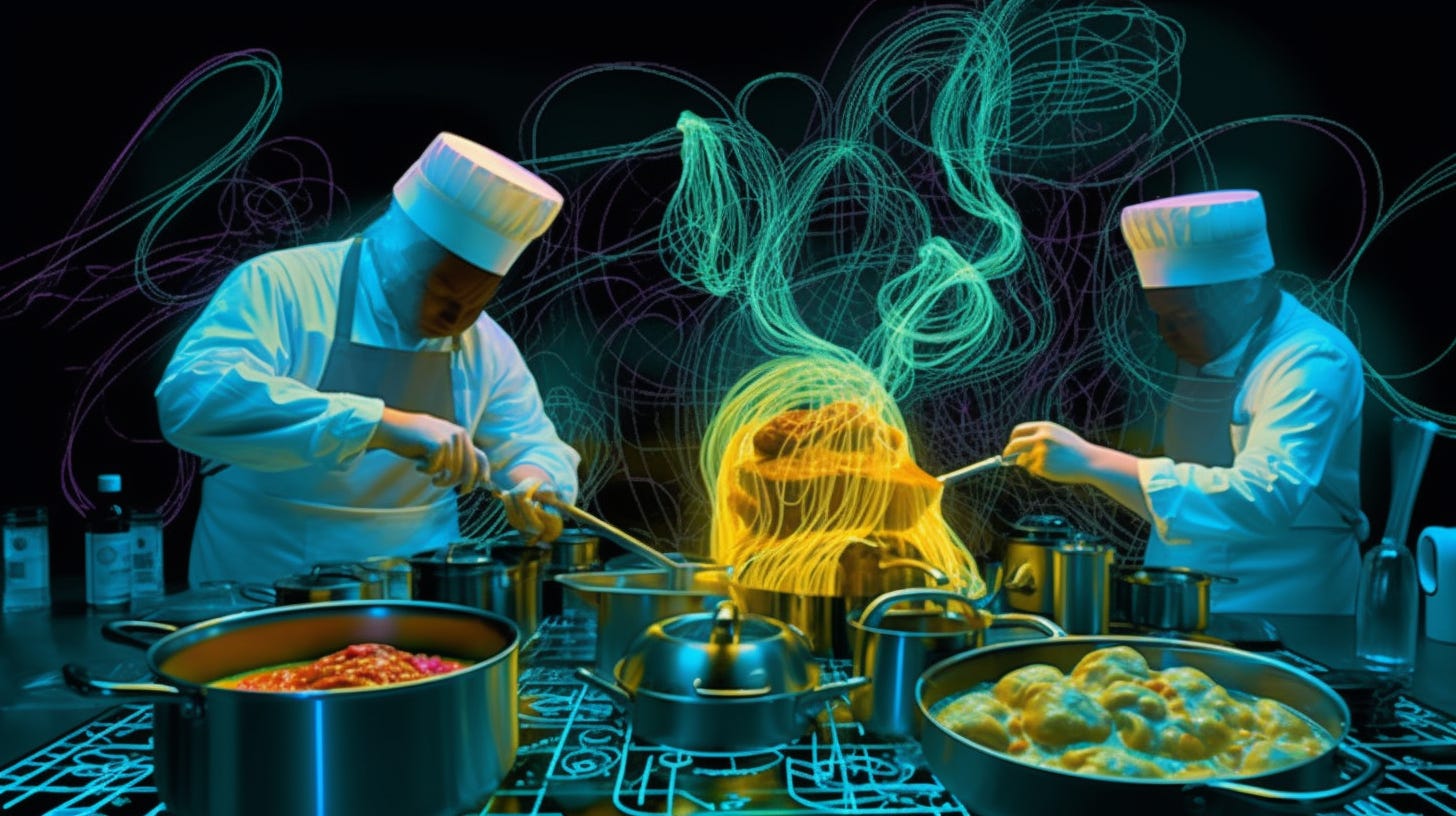 kitchen cooks cooking noodles data nodes infinitupe 4d timelines teal laser cobalt dark black background glowworms