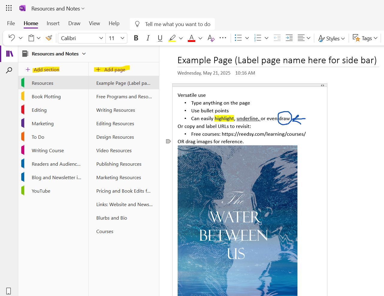 example of a OneNote Workbook with sections and pages.