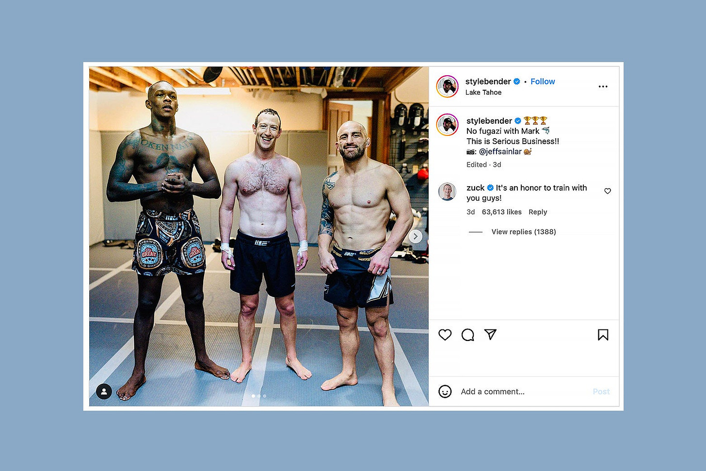 Mark Zuckerburg is shirtless and smiling standing between two real UFC fighters Israel Adesanya and Alex Volkanvski. He got ripped after MMA training. 