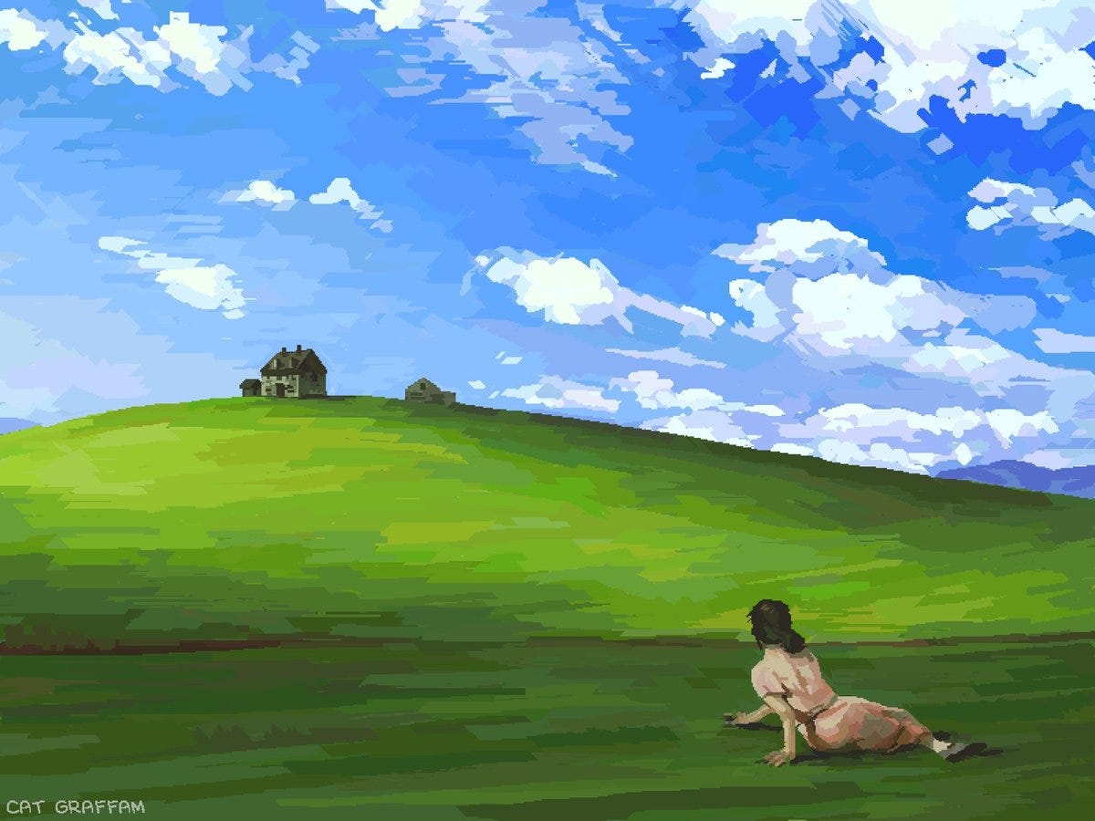 a version of Christina's World by Andrew Wyeth done in MS Paint