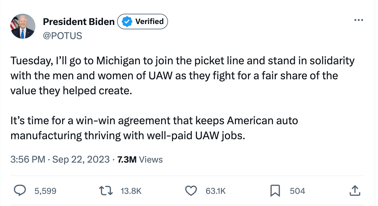  Tuesday, I’ll go to Michigan to join the picket line and stand in solidarity with the men and women of UAW as they fight for a fair share of the value they helped create.  It’s time for a win-win agreement that keeps American auto manufacturing thriving with well-paid UAW jobs