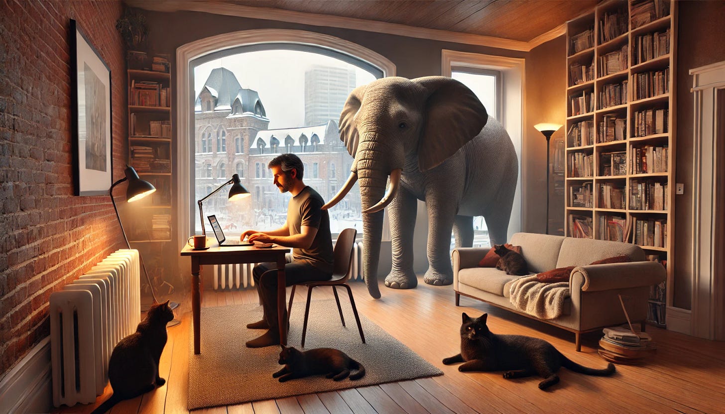 a white dude writing on a laptop with an elephant standing behind him -- the man is surrounded by three cats and his dark, warm apartment is in montreal