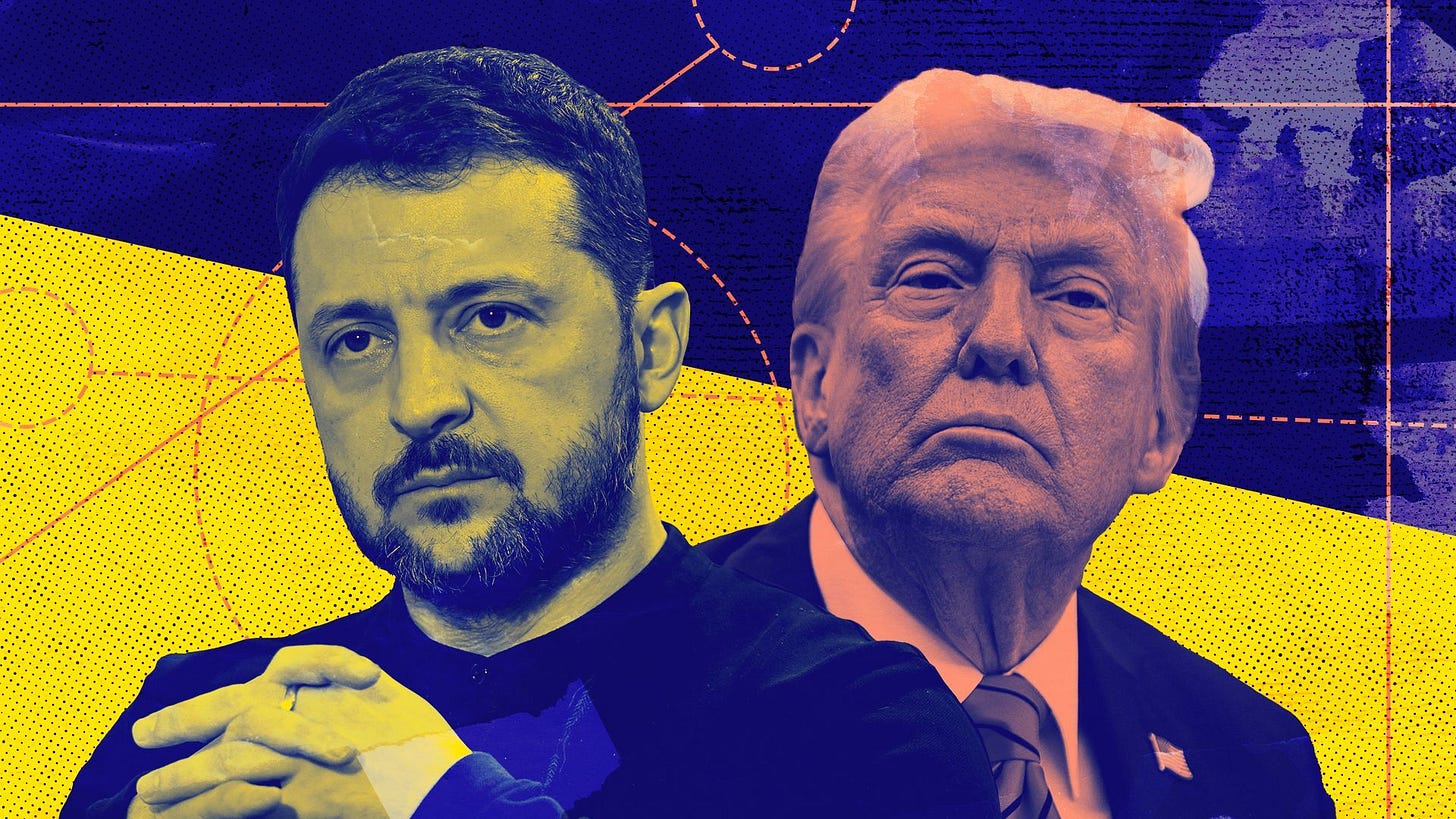 Photo illustration of Ukrainian President Volodymyr Zelenskyy and United States President Donald Trump with circles, lines, and the colors of the Ukrainian flag in the background 