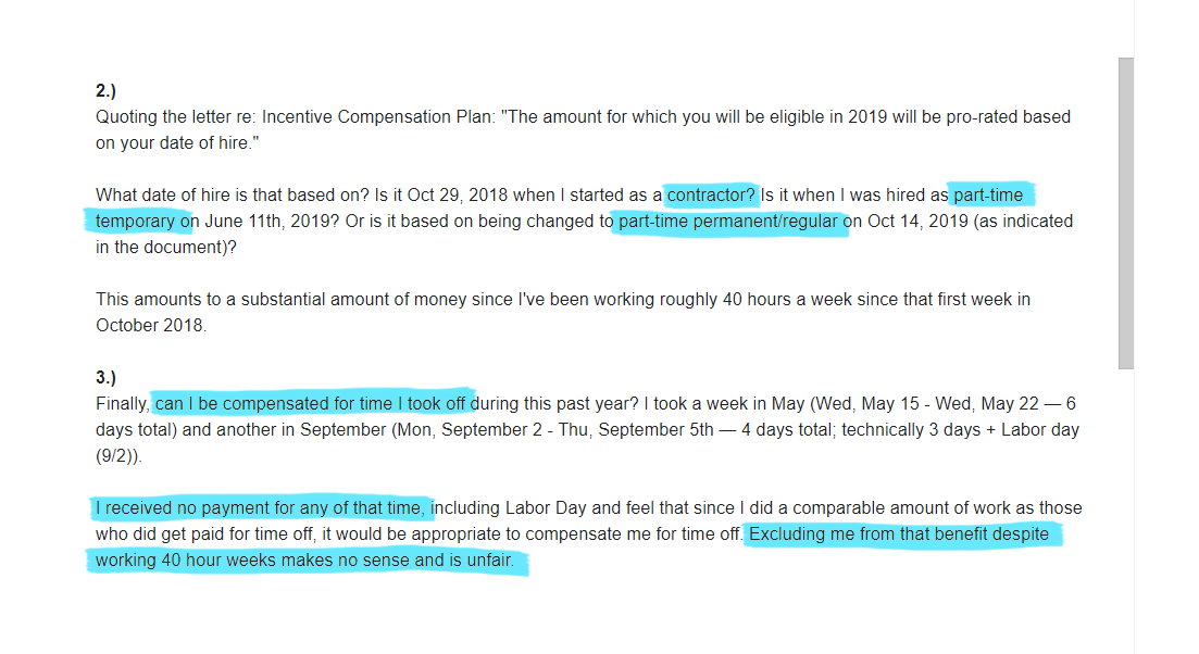 Screenshot of a partial email inquiring which of three hiring dates was to be used for pro-rating inclusion in TYT's "incentive compensation plan" with "contractor," "part-time temporary," and "part-time permanent/regular" highlighted in blue. As well as "Can I be compensated for time I took off?" and "I received no payment for any of that time" and "Excluding me from that benefit despite working 40 hour weeks makes no sense and is unfair" in blue.