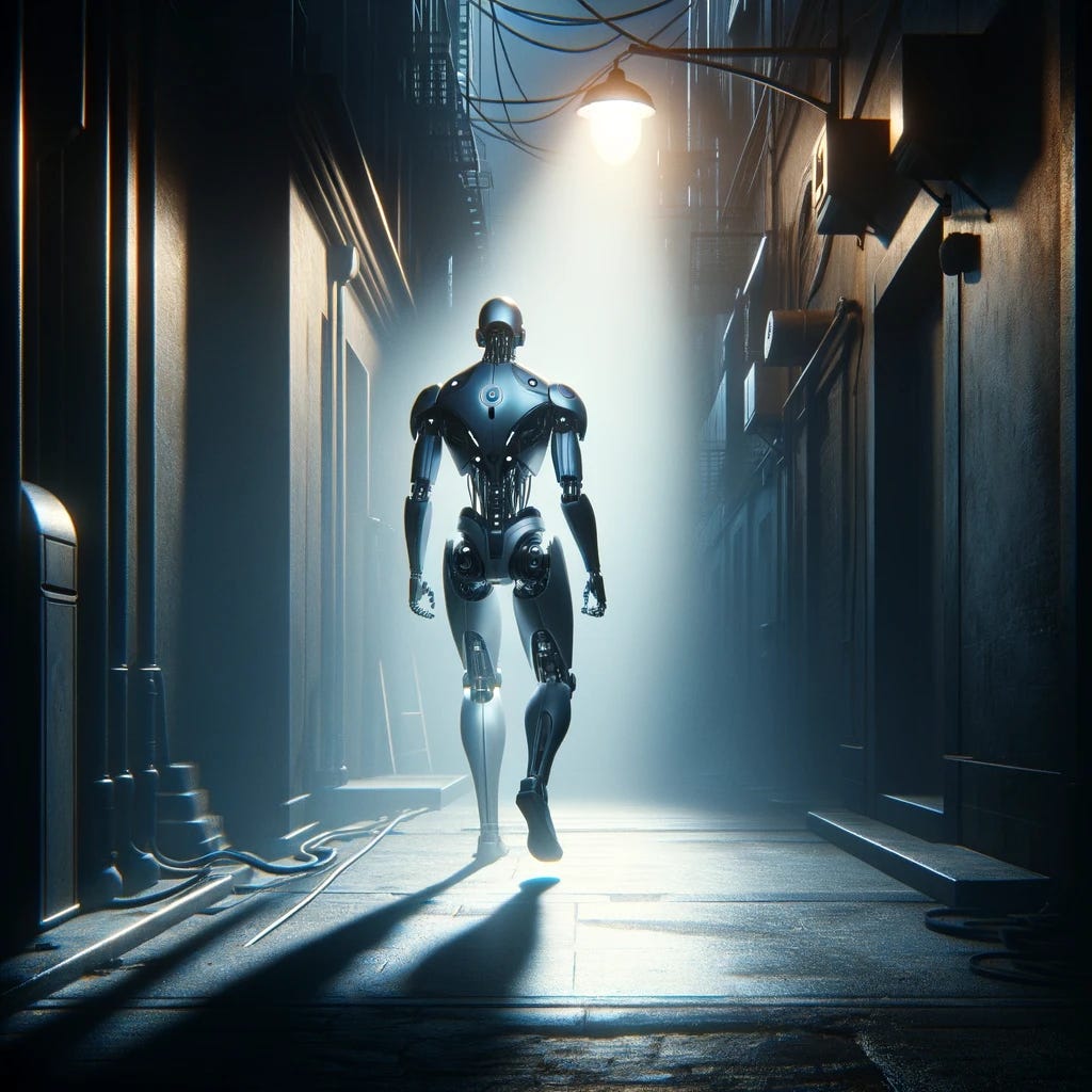 A futuristic scene depicting a robot walking away from the viewer down a dark alley. The robot's design is sleek and modern, with a hint of human-like form to suggest advanced artificial intelligence. Its metallic body reflects the soft glow from a single streetlight overhead, casting long shadows on the alley's walls. The atmosphere is one of mystery and solitude, emphasizing the contrast between the robot's advanced technology and the gritty, old-world setting of the alley. The streetlight serves as the primary light source, creating a dramatic illumination on the robot's body while the rest of the alley fades into shadow, suggesting a story of technology navigating through the darkness of an uncertain future.