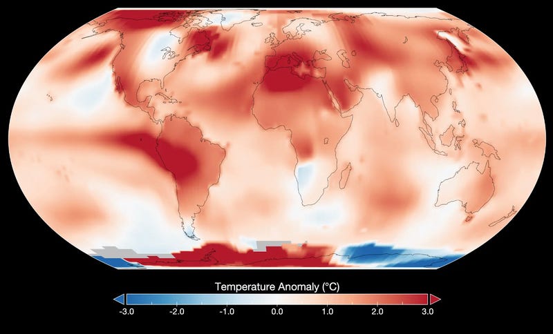 NASA map shows global temperature anomalies for July 2023, reflecting how July 2023 compared to the average July temperature from 1951-1980. Credit: NASA’s Goddard Institute for Space Studies.