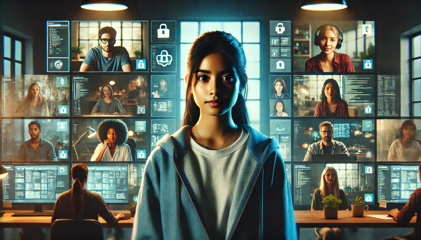 Diverse tech team in virtual meeting, woman in focus with Docker interface on screen