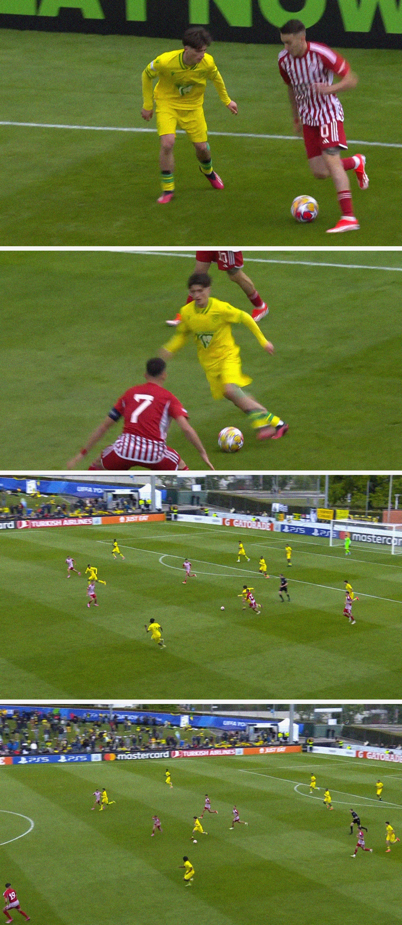 A sequence of screenshots showing Nantes' Louka Gautier carrying the ball past defenders