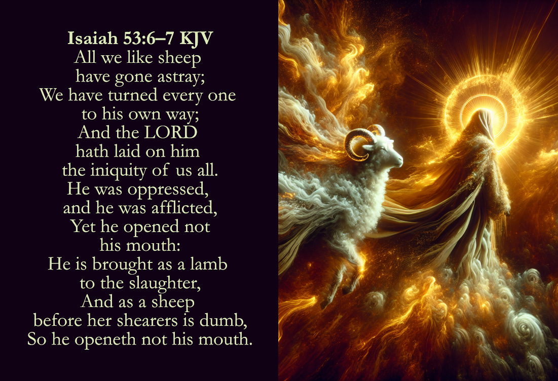 Isaiah 53:6–7 KJV Cards - All we like sheep have gone astray; We have turned every one to his own way; And the Lord hath laid on him the iniquity of us all. He was oppressed, and he was afflicted, Yet he opened not his mouth: He is brought as a lamb to the slaughter, And as a sheep before her shearers is dumb, So he openeth not his mouth. 