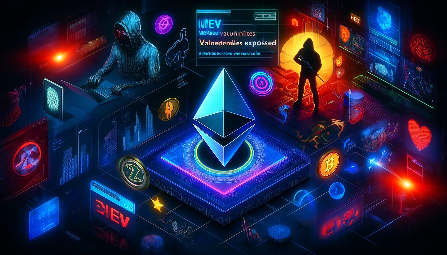 A visually engaging thumbnail for an article discussing MEV (Maximal Extractable Value) vulnerabilities and incidents. The thumbnail should include elements like blockchain, a hacker, Ethereum logo, and security symbols. The background should have a tech-savvy, cyberpunk aesthetic with dark and neon colors. Text overlay should read 'MEV Vulnerabilities Exposed' and 'Understanding the Risks in Ethereum'. The aspect ratio should be 16:9.