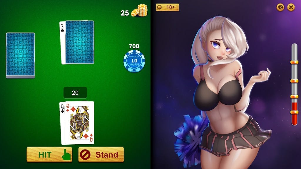 A game of blackjack on the left and a girl in a cheerleader uniform on the right