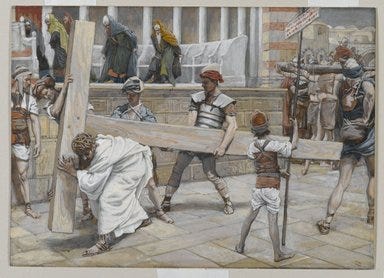 James Tissot (Nantes, France, 1836–1902, Chenecey–Buillon, France). <em>Jesus Bearing the Cross (Jésus chargé de la Croix)</em>, 1886–1894. Opaque watercolor over graphite on gray wove paper, Image: 6 7/8 x 9 9/16 in. (17.5 x 24.3 cm). Brooklyn Museum, Purchased by public subscription, 00.159.278 (Photo: Brooklyn Museum, 00.159.278_PS2.jpg)