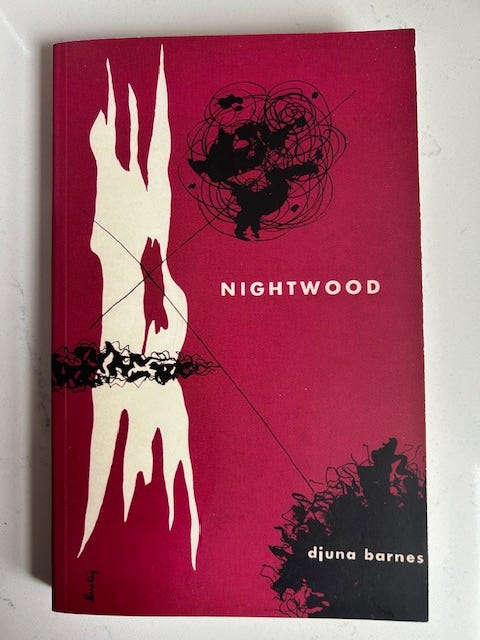 A magenta cover with black and white abstract designs with the words Nightwood Djuna Barnes