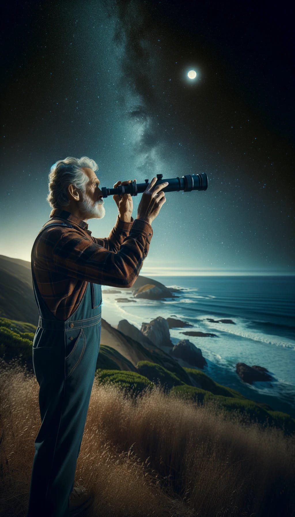 An elderly man, wearing rugged work clothes, stands on a bluff overlooking the ocean. It is night, and the sky is filled with stars. The man is using a handheld telescope to examine the night sky, deeply absorbed in his observations. The ocean waves gently crash against the rocks below, and the moonlight subtly illuminates the scene, creating a serene and contemplative atmosphere.