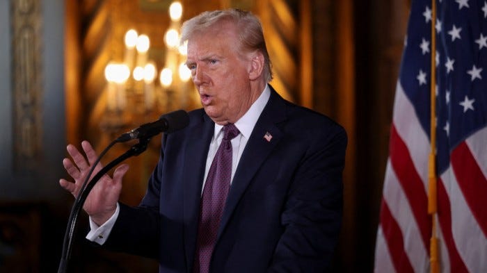 US President-elect Donald Trump makes remarks at Mar-a-Lago in Palm Beach, Florida