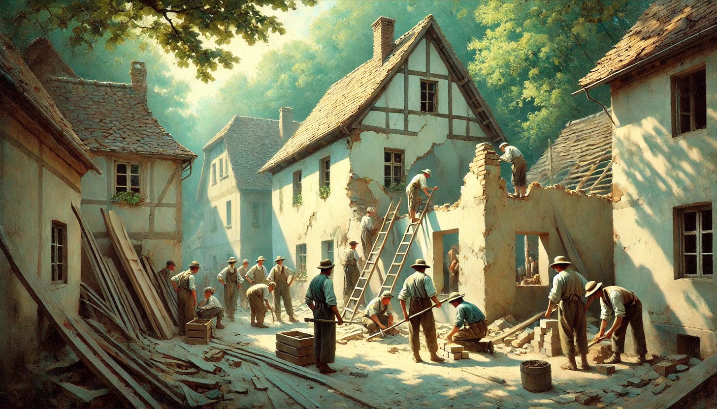 An impressionistic oil painting inspired by Fritz Syberg's style, depicting a team of builders working together to rebuild a broken house in a serene European village setting. The builders are dressed in simple, traditional work attire, their movements deliberate and cooperative as they repair walls and lay bricks. The partially rebuilt house stands among other old European buildings with weathered facades and tiled roofs, creating a sense of timeless charm. The scene is bathed in soft, dappled sunlight filtering through leafy trees, casting a tranquil glow over the workers and their tools. The color palette is gentle and pastel-like, with muted greens, warm creams, soft blues, and earthy tones, capturing the essence of a peaceful, sunny day. The composition emphasizes teamwork, resilience, and harmony with the natural and built environment in a wide aspect.