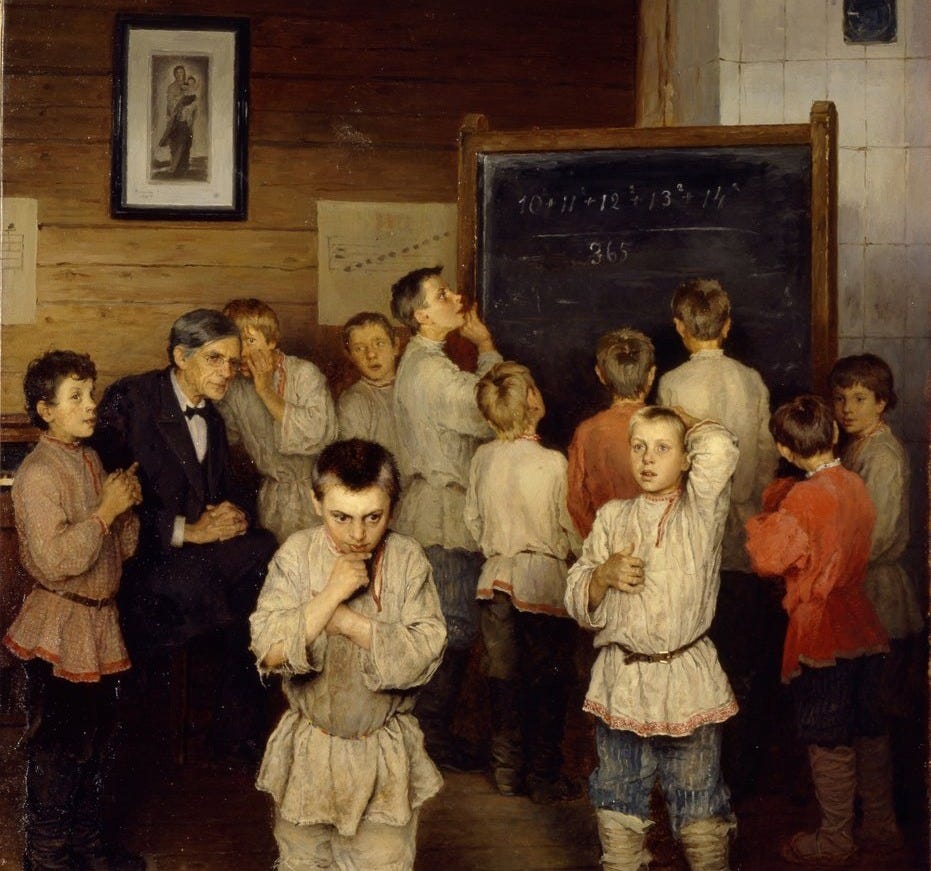 Mental calculation at primary school, 1895 by Nikolai Petrovich Bogdanov Belsky