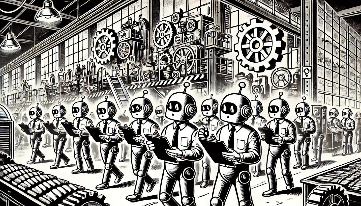 A black and white cartoon-style illustration in a retro style, depicting a group of robots entering a large factory, taking notes, and analyzing their surroundings. The robots appear focused, some holding clipboards, magnifying glasses, or pointing at machinery while inspecting the production line. The factory is filled with large gears, conveyor belts, and industrial equipment, giving the scene a bustling, mechanical atmosphere. The style is exaggerated and animated, emphasizing the investigative and analytical nature of the robots as they assess the factory.