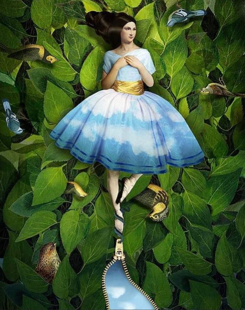 Dark-haired femme presenting person laying on green leaves that are covered in blue, brown, and yellow birds. The person is wearing a dress covered in clouds while the pantyhose-covered feet appear to be connected to a zipper revealing more clouds and sky. 