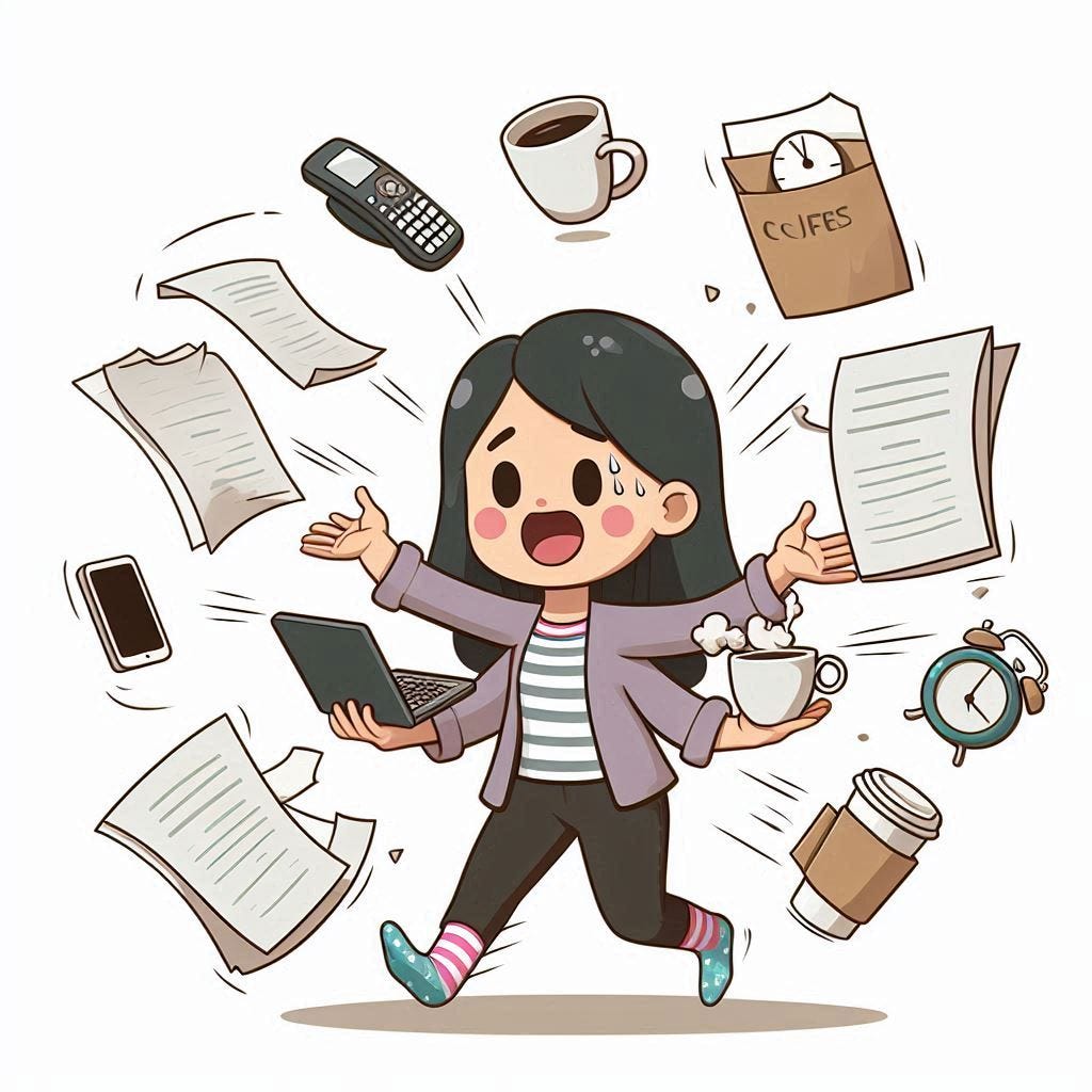 A person with long hair, wearing office clothing, juggling a laptop, papers, phones, hot drinks, with four arms and sweating!