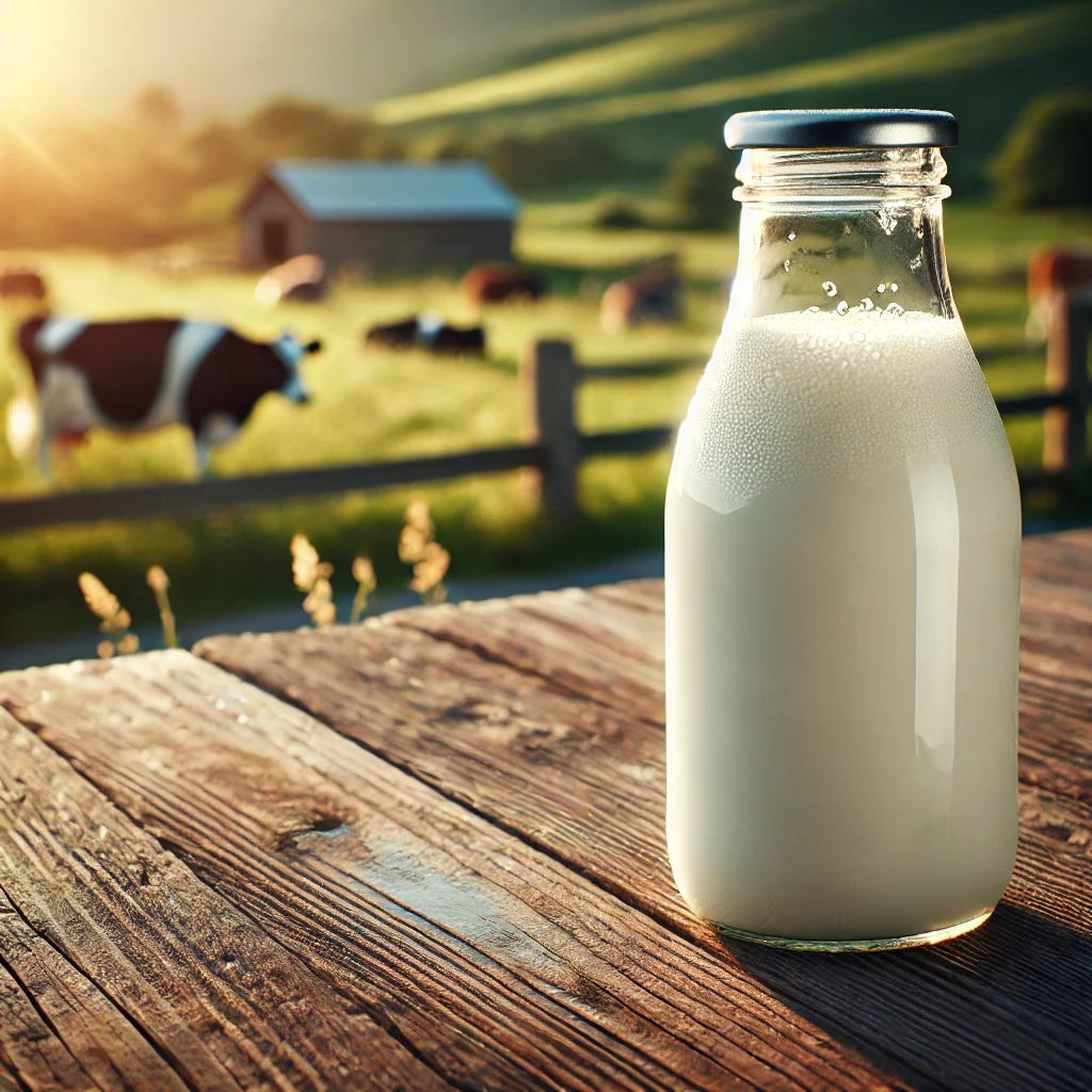 A square image focusing on raw milk. The image features a rustic farm setting with a glass bottle of fresh raw milk placed on a wooden table. The background shows green pastures with grazing cows. The lighting is natural and warm, emphasizing the purity and freshness of the raw milk. The bottle is slightly frosted, indicating it is cold and fresh, with condensation forming on the outside. There are no text elements in the image.