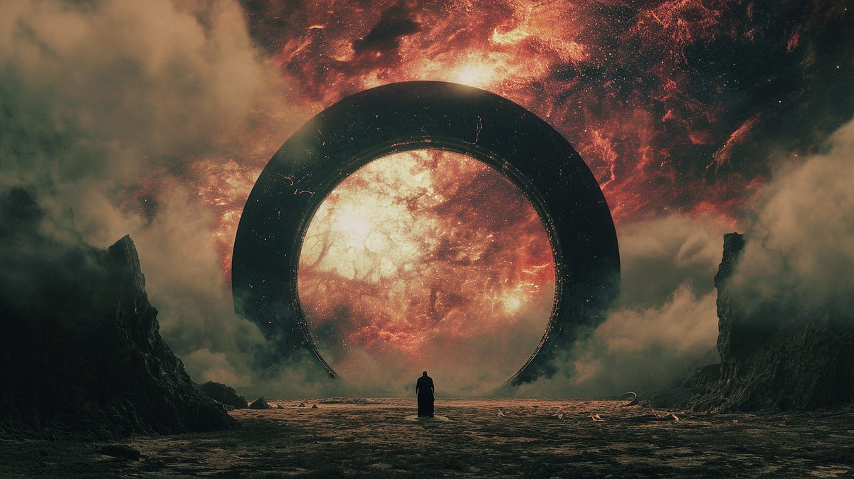 Cinematic Medium Shot, mysterious human, circular portal in an alien wasteland leading towards a nebula, in the style of biblical drama, monumental figures, voluminous mass